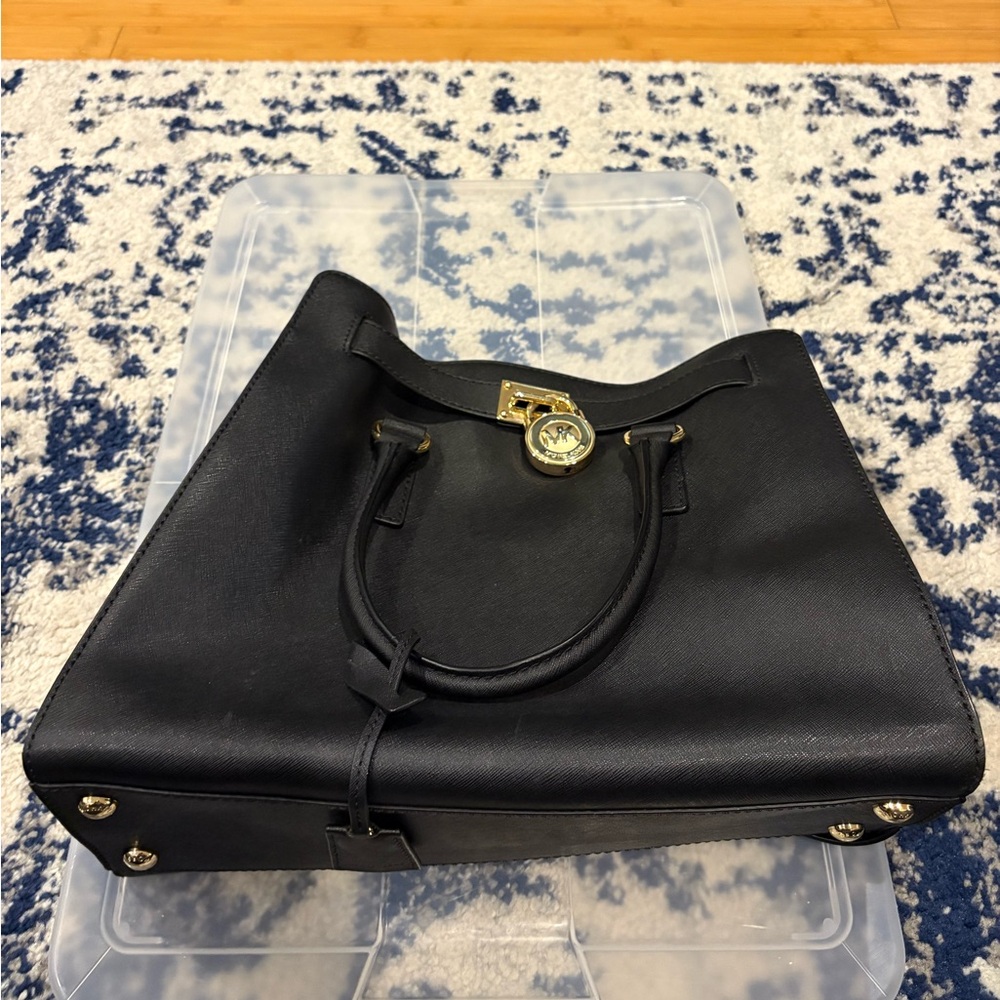 Michael Kors Black Saffiano Leather Tote with Gold Lock Charm